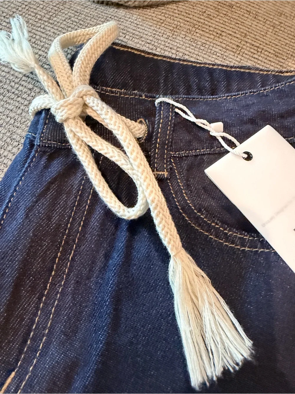 Baggy Wide-Leg Indigo Jeans with Cream Tassel Drawcord